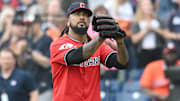 Jun 8, 2025; Cleveland, Ohio, USA; Cleveland Guardians relief pitcher Emmanuel Clase (48) celebrates after the Guardians beat the Houston Astros at Progressive Field. Mandatory Credit: Ken Blaze-Imagn Images