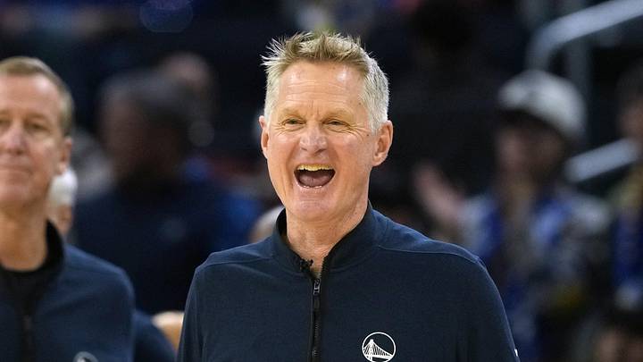 Dec 25, 2025; San Francisco, California, USA; Golden State Warriors head coach Steve Kerr reacts during the fourth quarter against the Dallas Mavericks at Chase Center. Mandatory Credit: Darren Yamashita-Imagn Images