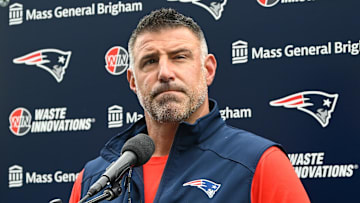 Jun 9, 2025; Foxborough, MA, USA; New England Patriots head coach Mike Vrabel holds a press conference before minicamp at Gillette Stadium. Mandatory Credit: Eric Canha-Imagn Images