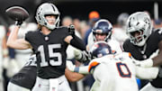 Dec 7, 2025; Paradise, Nevada, USA;  Las Vegas Raiders quarterback Kenny Pickett (15) throws downfield against the Denver Broncos during the second half at Allegiant Stadium. Mandatory Credit: Stephen R. Sylvanie-Imagn Images