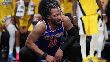 May 31, 2025; Indianapolis, Indiana, USA; New York Knicks guard Jalen Brunson (11) reacts after a play against the Indiana Pacers in the third quarter during game six of the eastern conference finals for the 2025 NBA Playoffs at Gainbridge Fieldhouse. Mandatory Credit: Trevor Ruszkowski-Imagn Images