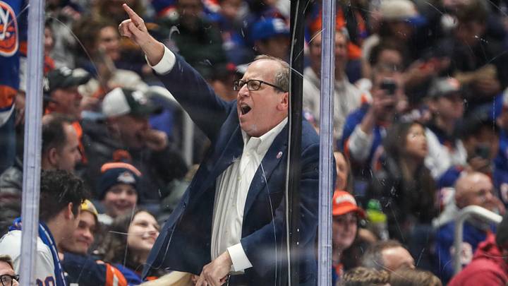 Mar 25, 2023; Elmont, New York, USA; New York Islanders owner Jon Ledecky sings with the crowd during a timeout in the second period against the Buffalo Sabres at UBS Arena. Mandatory Credit: Wendell Cruz-USA TODAY Sports Mar 25, 2023; Elmont, New York, USA; New York Islanders owner Jon Ledecky sings with the crowd during a timeout in the second period against the Buffalo Sabres at UBS Arena. Mandatory Credit: Wendell Cruz-USA TODAY Sports