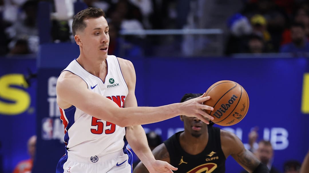 May 5, 2026; Detroit, Michigan, USA; Detroit Pistons forward Duncan Robinson (55) passes in the first half against the Cleveland Cavaliers during game one of the second round of the 2026 NBA Playoffs at Little Caesars Arena. Mandatory Credit: Rick Osentoski-Imagn Images May 5, 2026; Detroit, Michigan, USA; Detroit Pistons forward Duncan Robinson (55) passes in the first half against the Cleveland Cavaliers during game one of the second round of the 2026 NBA Playoffs at Little Caesars Arena. Mandatory Credit: Rick Osentoski-Imagn Images