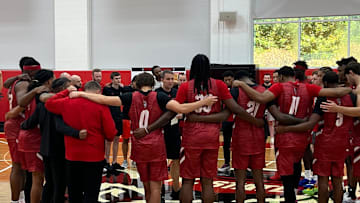 Will Wade and the N.C. State men's basketball team on Monday, Sept. 22, 2025, during the first official day of practice inside the Dail Basketball Center.