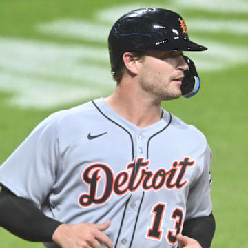 Sep 24, 2025; Cleveland, Ohio, USA; Detroit Tigers catcher Dillon Dingler (13) scores in the third inning against the Cleveland Guardians at Progressive Field. 