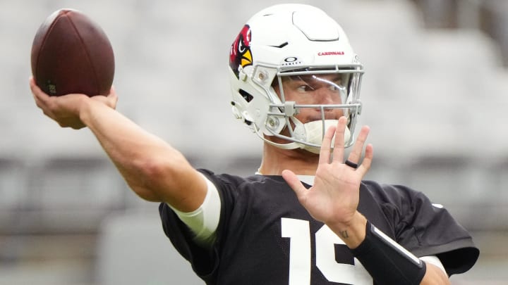 Arizona Cardinals quarterback Desmond Ridder (19) practices during the team's training camp session at State Farm Stadium in Glendale on July 24, 2024.