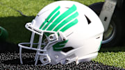 Sep 14, 2024; Lubbock, Texas, USA;  A North Texas Mean Green helmet on the turf in the first half during the game against the Texas Tech Red Raiders at Jones AT&T Stadium and Cody Campbell Field. Mandatory Credit: Michael C. Johnson-Imagn Images