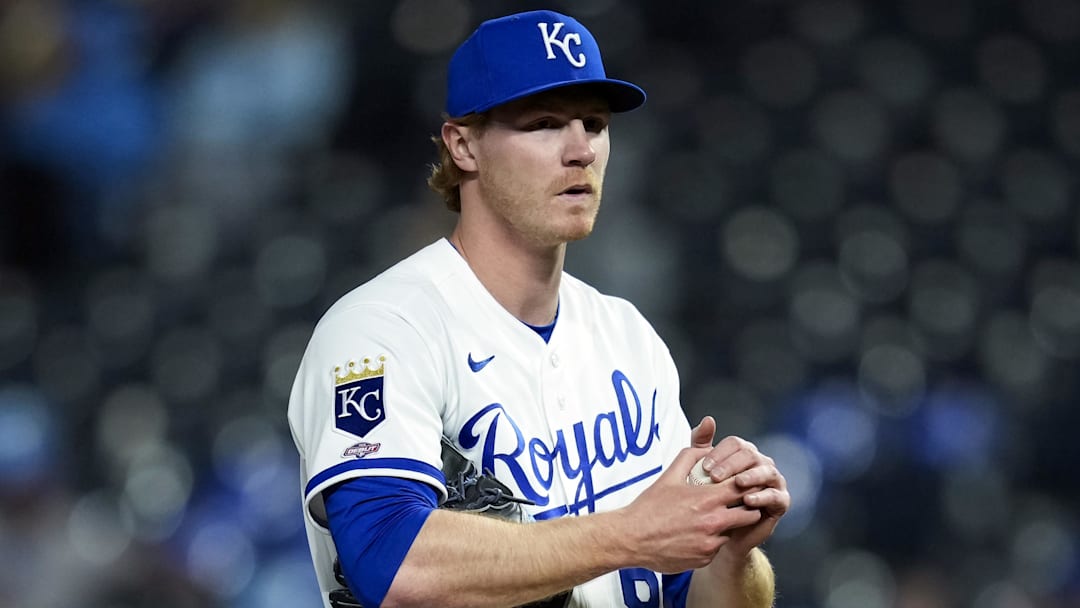 May 6, 2026; Kansas City, Missouri, USA; Kansas City Royals pitcher Eric Cerantola (61) makes his Major League debut during the ninth inning against the Cleveland Guardians at Kauffman Stadium. Mandatory Credit: Jay Biggerstaff-Imagn Images