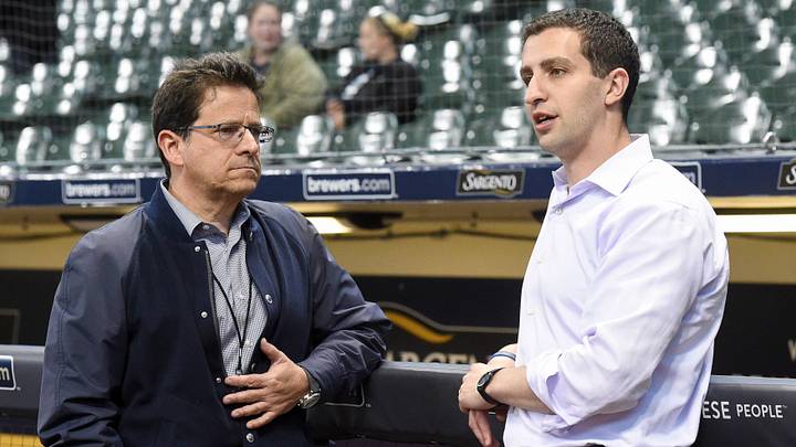 Jun 21, 2018; Milwaukee, WI, USA; Milwaukee Brewers general manager David Stearns (right) talks to owner Mark Attanasio before a game against the St. Louis Cardinals at Miller Park. Mandatory Credit: Benny Sieu-USA TODAY Sports