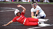 Coahoma’s Kyndal Lee is safe at third base, beating Jacksboro infielder Brooke Reaves to the bag during Game 1 of the Region 1A Division 2 softball playoff at Abilene Christian University Friday May 16, 2025. Coahoma won the game 10-0 and has advanced to play for a 3A state title for the third consecutive season.