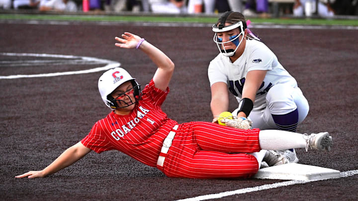 Coahoma’s Kyndal Lee is safe at third base, beating Jacksboro infielder Brooke Reaves to the bag during Game 1 of the Region 1A Division 2 softball playoff at Abilene Christian University Friday May 16, 2025. Coahoma won the game 10-0 and has advanced to play for a 3A state title for the third consecutive season. Coahoma’s Kyndal Lee is safe at third base, beating Jacksboro infielder Brooke Reaves to the bag during Game 1 of the Region 1A Division 2 softball playoff at Abilene Christian University Friday May 16, 2025. Coahoma won the game 10-0 and has advanced to play for a 3A state title for the third consecutive season.