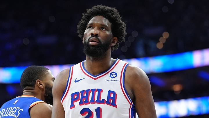 Philadelphia, Pennsylvania, USA; Philadelphia 76ers center Joel Embiid (21) reacts against the New York Knicks in the first quarter during game four of the second round of the 2026 NBA Playoffs at Xfinity Mobile Arena on May 10, 2026.