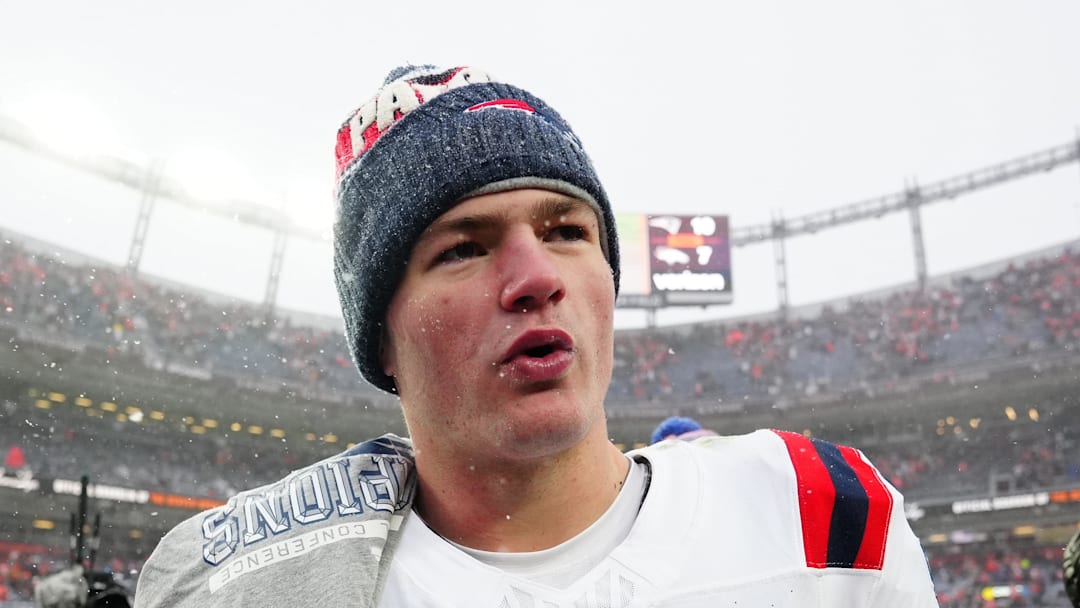 New England Patriots quarterback Drake Maye reacts