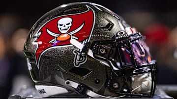 Oct 13, 2024; New Orleans, Louisiana, USA;  Detailed view of the Tampa Bay Buccaneers helmet against the New Orleans Saints during the first half at Caesars Superdome. Mandatory Credit: Stephen Lew-Imagn Images