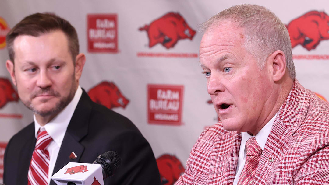 Arkansas Razorbacks coach Ryan Silverfield during his introductory press conference along with athletic director Hunter Yurachek at the Frank Broyles Center in Fayetteville, Ark.