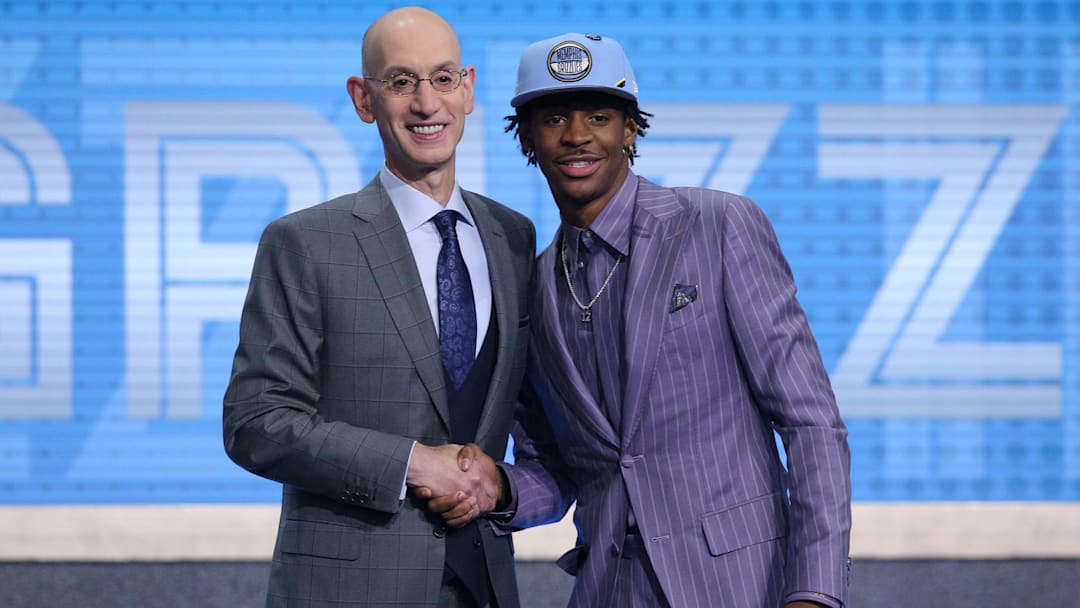 Jun 20, 2019; Brooklyn, NY, USA; Ja Morant (Murray State) greets NBA commissioner Adam Silver after being selected as the number two overall pick for the Memphis Grizzlies in the first round of the 2019 NBA Draft at Barclays Center. Mandatory Credit: Brad Penner-Imagn Images Jun 20, 2019; Brooklyn, NY, USA; Ja Morant (Murray State) greets NBA commissioner Adam Silver after being selected as the number two overall pick for the Memphis Grizzlies in the first round of the 2019 NBA Draft at Barclays Center. Mandatory Credit: Brad Penner-Imagn Images