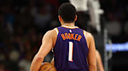 Nov 29, 2025; Phoenix, Arizona, USA; Detailed view of the jersey of Phoenix Suns guard Devin Booker (1) against the Denver Nuggets at the Mortgage Matchup Center. Mandatory Credit: Mark J. Rebilas-Imagn Images