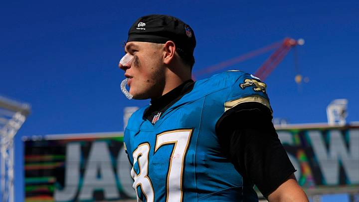 Jacksonville Jaguars tight end Nate Boerkircher (87) walks off the field after the game of an NFL football matchup at EverBank Stadium on Sunday, Sept. 27, 2026, in Jacksonville, Fla. The Jaguars defeated the Patriots 35-6. [Corey Perrine/Florida Times-Union]