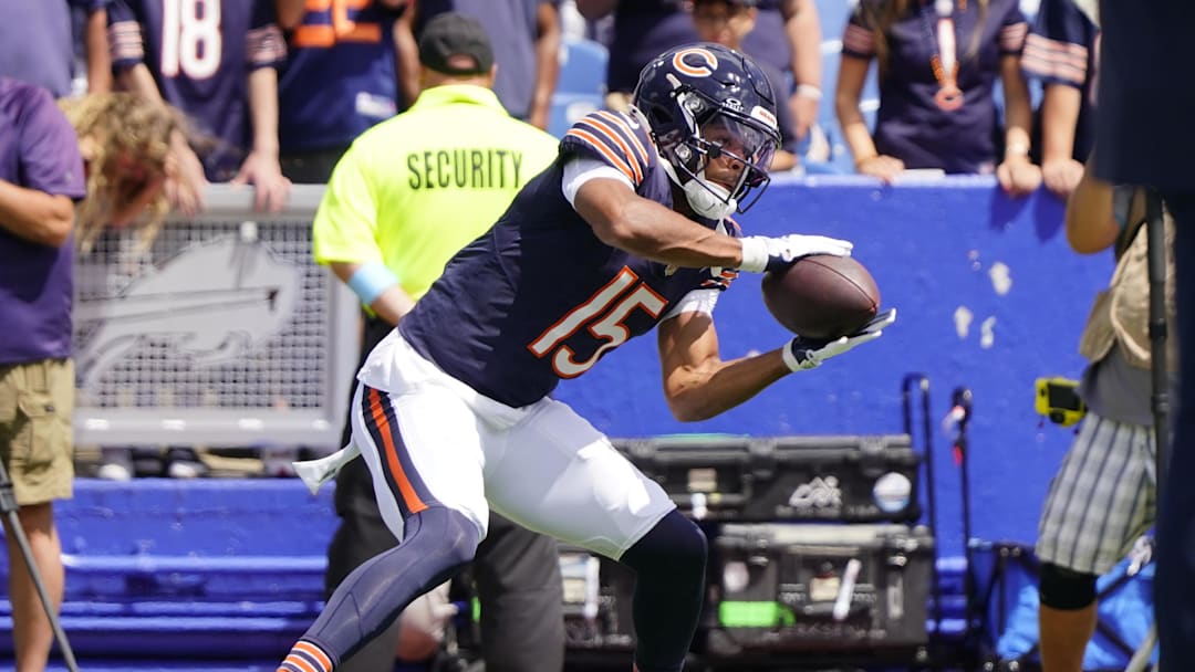 Aug 10, 2024; Orchard Park, New York, USA; Chicago Bears wide receiver Rome Odunze (15) warms up prior to the game against the Buffalo Bills at Highmark Stadium. Mandatory Credit: Gregory Fisher-Imagn Images