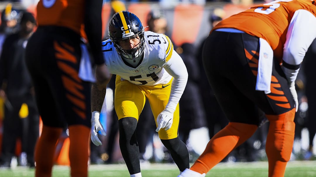 Dec 1, 2024; Cincinnati, Ohio, USA; Pittsburgh Steelers linebacker Nick Herbig (51) prepares for the snap against the Cincinnati Bengals in the first half at Paycor Stadium. Mandatory Credit: Katie Stratman-Imagn Images