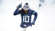 Tennessee Titans wide receiver DeAndre Hopkins (10) is introduced before a game against the Jacksonville Jaguars at Nissan Stadium in Nashville, Tenn., Sunday, Jan. 7, 2024.