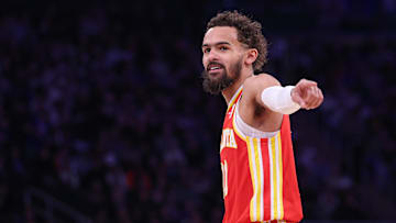 Atlanta Hawks guard Trae Young reacts during the first half against the New York Knicks at Madison Square Garden