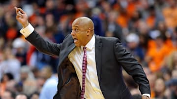 Nov 8, 2013; Syracuse, NY, USA; Cornell Big Red head coach Bill Courtney reacts to a call against the Syracuse Orange during the first half at Carrier Dome.  Syracuse defeated Cornell 82-60.  Mandatory Credit: Rich Barnes-Imagn Images