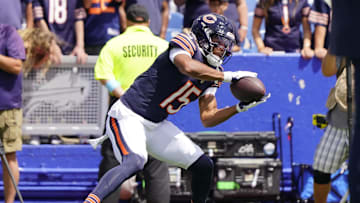 Aug 10, 2024; Orchard Park, New York, USA; Chicago Bears wide receiver Rome Odunze (15) warms up prior to the game against the Buffalo Bills at Highmark Stadium. Mandatory Credit: Gregory Fisher-Imagn Images