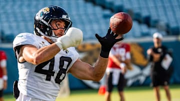 Jacksonville Jaguars linebacker Chad Muma (48) hauls in a pass before an NFL scrimmage at EverBank Stadium Friday August 1, 2025, in Jacksonville, Fla. [Doug Engle/Florida Times-Union]