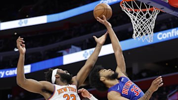 Mar 27, 2022; Detroit, Michigan, USA;  New York Knicks center Mitchell Robinson (23) and Detroit