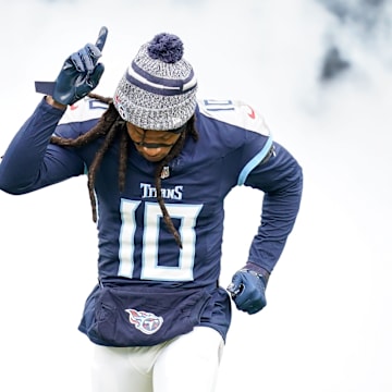 Tennessee Titans wide receiver DeAndre Hopkins (10) is introduced before a game against the Jacksonville Jaguars at Nissan Stadium in Nashville, Tenn., Sunday, Jan. 7, 2024.