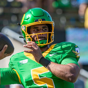 Oregon Ducks quarterback Dante Moore throws out a pass during warm ups as the Oregon Ducks host the Idaho Vandals Saturday, Aug. 31, 2024 at Autzen Stadium in Eugene, Ore.