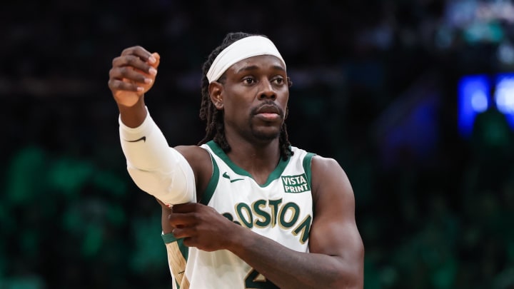 Dec 29, 2023; Boston, Massachusetts, USA; Boston Celtics guard Jrue Holiday (4) reacts during the second half against the Toronto Raptors at TD Garden. Mandatory Credit: Paul Rutherford-USA TODAY Sports