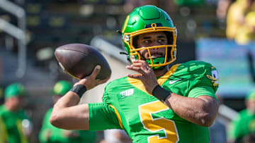 Oregon Ducks quarterback Dante Moore throws out a pass during warm ups as the Oregon Ducks host the Idaho Vandals Saturday, Aug. 31, 2024 at Autzen Stadium in Eugene, Ore.