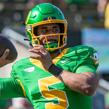 Oregon Ducks quarterback Dante Moore throws out a pass during warm ups as the Oregon Ducks host the Idaho Vandals Saturday, Aug. 31, 2024 at Autzen Stadium in Eugene, Ore.
