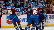 Jan 2, 2025; Denver, Colorado, USA; Colorado Avalanche defenseman Devon Toews (7) and left wing Jonathan Drouin (27) and defenseman Cale Makar (8) and right wing Mikko Rantanen (96) and center Nathan MacKinnon (29) celebrate after the game against the Buffalo Sabres at Ball Arena. Mandatory Credit: Isaiah J. Downing-Imagn Images