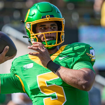 Oregon Ducks quarterback Dante Moore throws out a pass during warm ups as the Oregon Ducks host the Idaho Vandals Saturday, Aug. 31, 2024 at Autzen Stadium in Eugene, Ore.