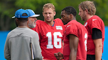 Quarterbacks Coach Mark Brunell talks with QB Jared Goff, Hendon Hooker and Nate Sudfeld, during the Detroit Lions training camp at the Lions headquarters in Allen Park, Mich. on Friday, Aug 2, 2024.