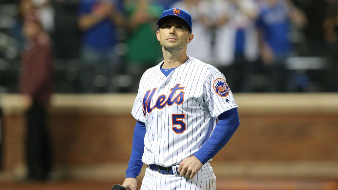 Sep 29, 2018; New York City, NY, USA; New York Mets third baseman David Wright (5) speaks to the crowd after a game against the Miami Marlins at Citi Field. 