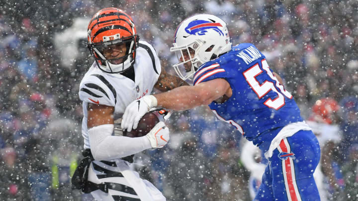 Jan 22, 2023; Orchard Park, New York, USA; Buffalo Bills linebacker Matt Milano (58) and Cincinnati Bengals wide receiver Ja'Marr Chase (1) in the second quarter of an AFC divisional round game at Highmark Stadium. Mandatory Credit: Mark Konezny-USA TODAY Sports