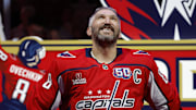 Washington Capitals left wing Alex Ovechkin during a ceremony honoring him becoming the NHL all-time goals leader.