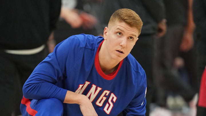Nov 16, 2024; Sacramento, California, USA; Sacramento Kings guard Kevin Huerter (9) before the game against the Utah Jazz at Golden 1 Center. Mandatory Credit: Darren Yamashita-Imagn Images