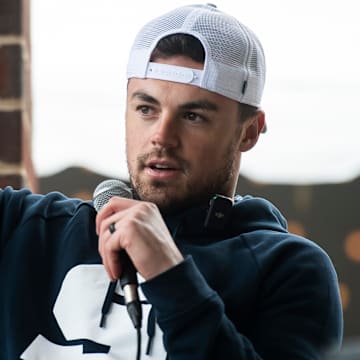 Former Penn State quarterback Trace McSorley answers a question during a Happy Valley United Q&A session at Medlar Field before the Blue-White Game. 