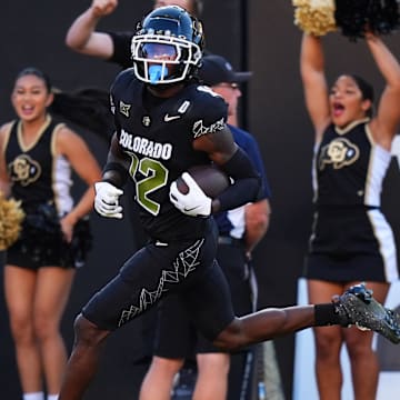 Aug 29, 2024; Boulder, Colorado, USA; Colorado Buffaloes wide receiver Travis Hunter (12) in the first half against the North Dakota State Bison at Folsom Field. Mandatory Credit: Ron Chenoy-Imagn Images