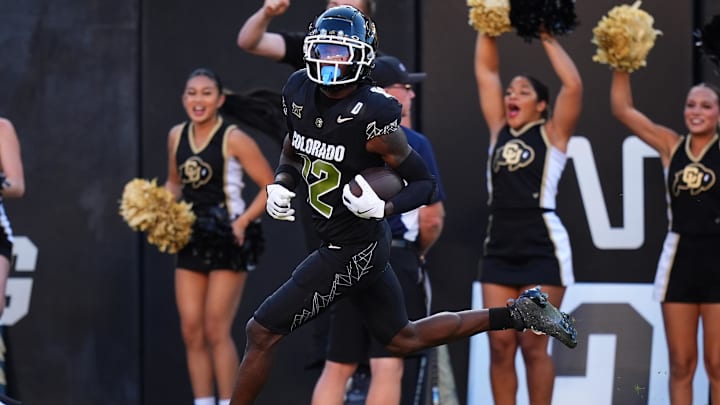 Aug 29, 2024; Boulder, Colorado, USA; Colorado Buffaloes wide receiver Travis Hunter (12) in the first half against the North Dakota State Bison at Folsom Field. Mandatory Credit: Ron Chenoy-Imagn Images