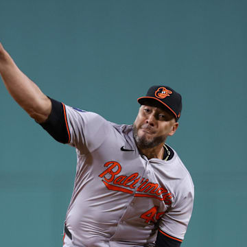 Sep 10, 2024; Boston, Massachusetts, USA; Baltimore Orioles starting pitcher Albert Suarez (49) throws a pitch during the first inning against the Boston Red Sox at Fenway Park.