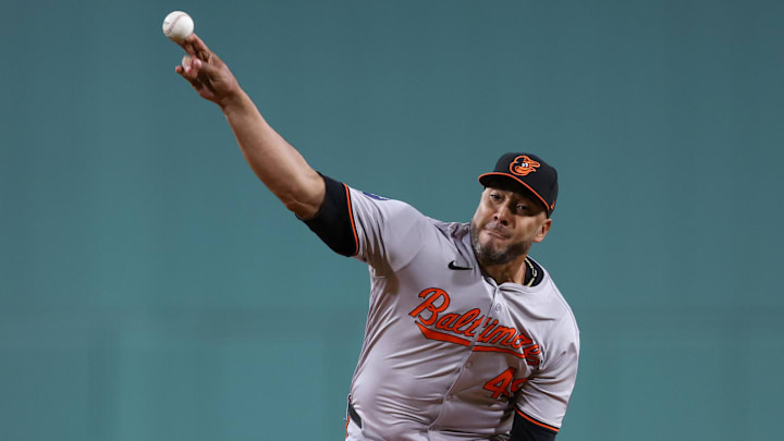 Sep 10, 2024; Boston, Massachusetts, USA; Baltimore Orioles starting pitcher Albert Suarez (49) throws a pitch during the first inning against the Boston Red Sox at Fenway Park.