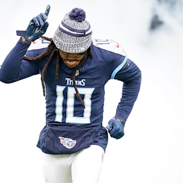 Tennessee Titans wide receiver DeAndre Hopkins (10) is introduced before a game against the Jacksonville Jaguars at Nissan Stadium in Nashville, Tenn., Sunday, Jan. 7, 2024.