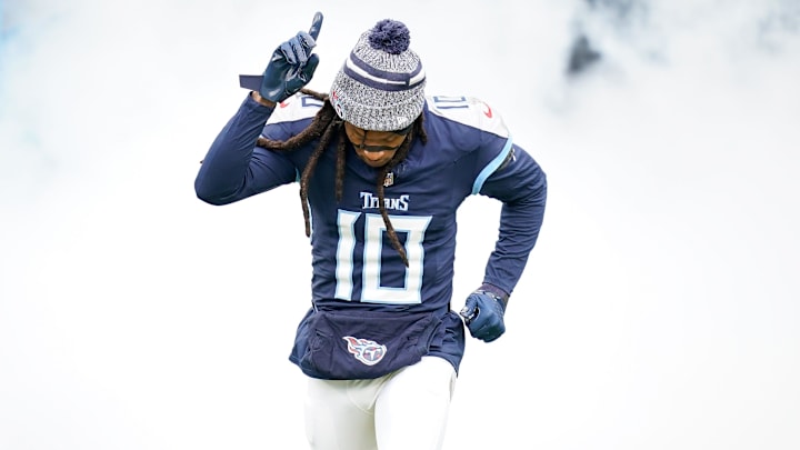 Tennessee Titans wide receiver DeAndre Hopkins (10) is introduced before a game against the Jacksonville Jaguars at Nissan Stadium in Nashville, Tenn., Sunday, Jan. 7, 2024.