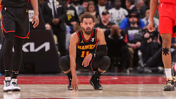 Jan 23, 2025; Atlanta, Georgia, USA; Atlanta Hawks guard Trae Young (11) reacts after a miss against the Toronto Raptors